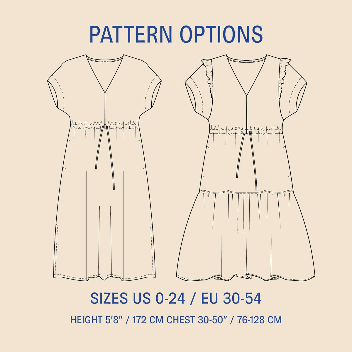 Abby Dress Sewing Pattern featuring two designs with sizes US 0-24 and EU 30-54, detailed fashion illustration.