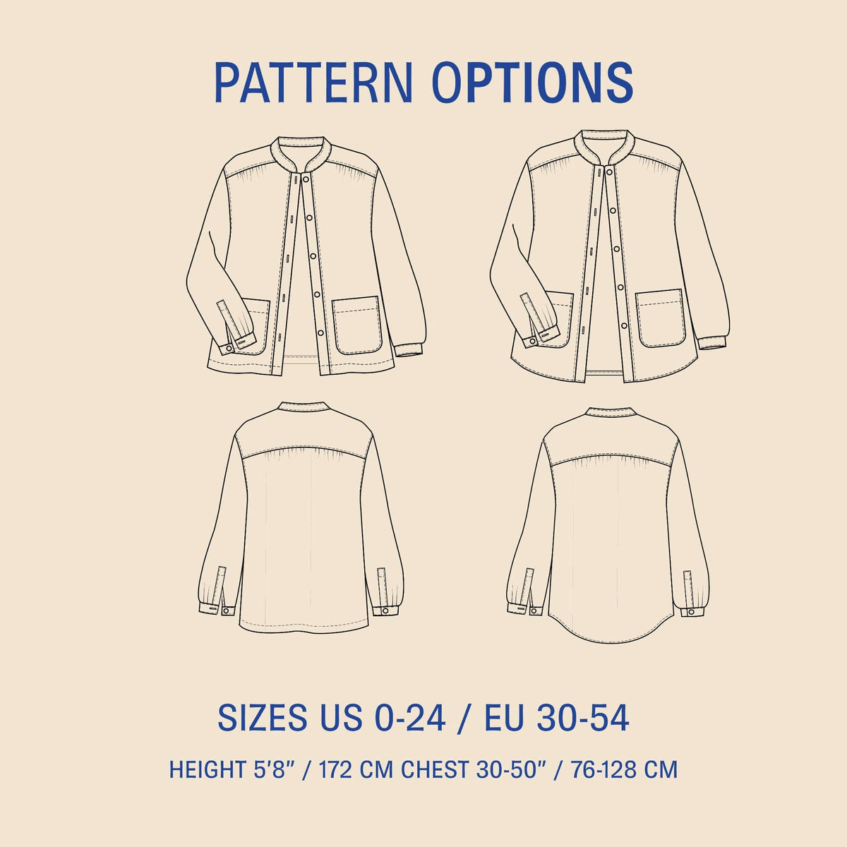 Artist Jacket Paper Pattern illustration showing pattern options and sizes US 0-24 / EU 30-54 for women's jackets.