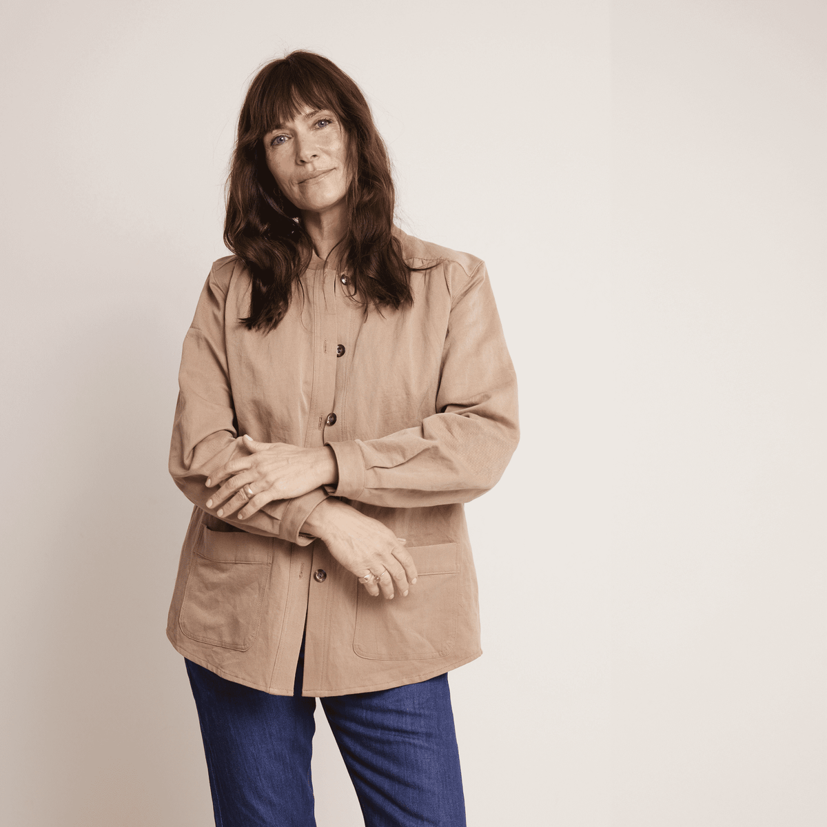 Model wearing the Artist Jacket Paper Pattern, showcasing a relaxed fit with large patch pockets and a minimalist collar.
