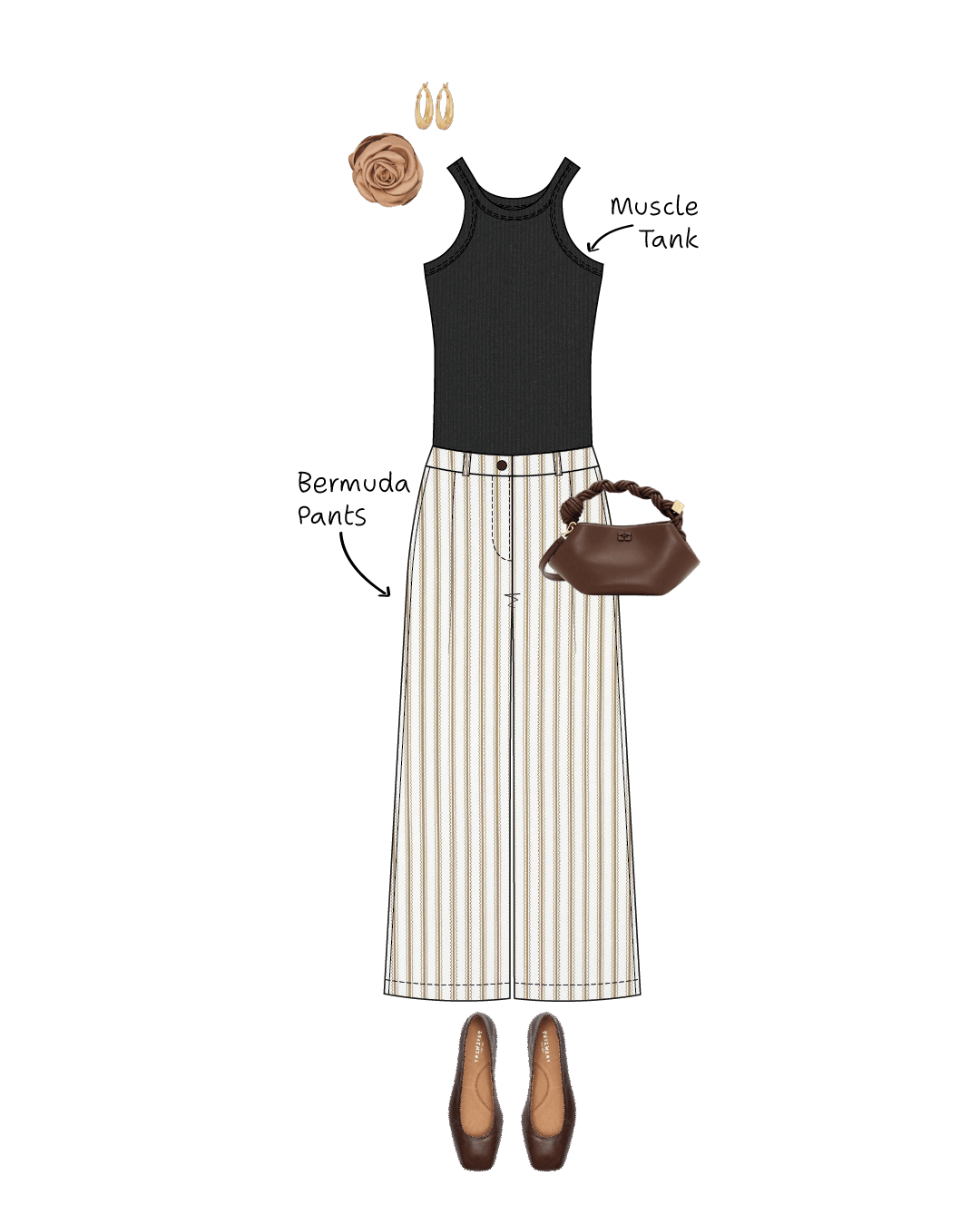 Bermuda Pants and Shorts Sewing Pattern styled outfit featuring a black Muscle Tank Top Sewing Pattern striped pants, brown handbag, and shoes.