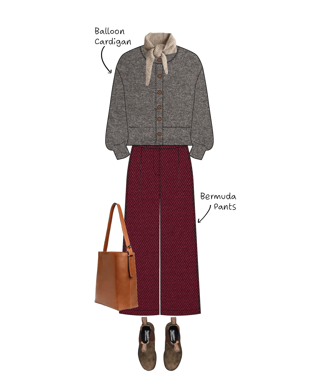 Bermuda Pants and Shorts Sewing Pattern with a stylish gray cardigan Balloon Cardigan sewing pattern, scarf, tote bag, and casual shoes.