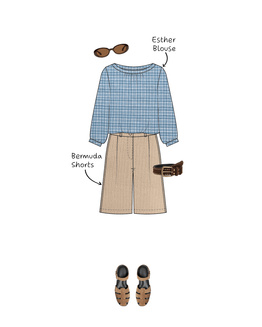 Bermuda Pants and Shorts Sewing Pattern displayed with a stylish outfit including a blue checkered Esther Blouse sewing pattern and sandals.