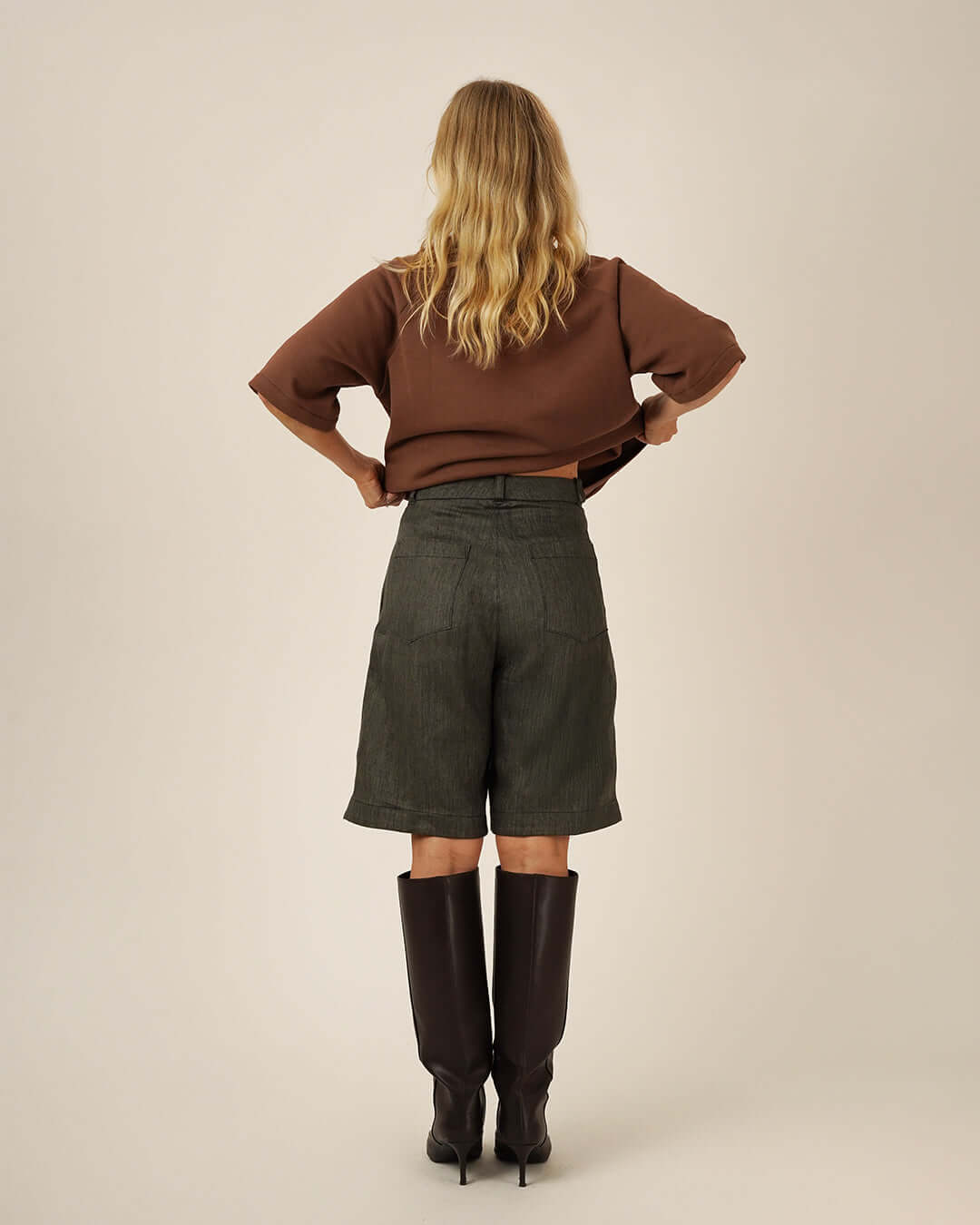 Bermuda Pants and Shorts Sewing Pattern worn by model, showcasing the back view with a relaxed fit and stylish silhouette.