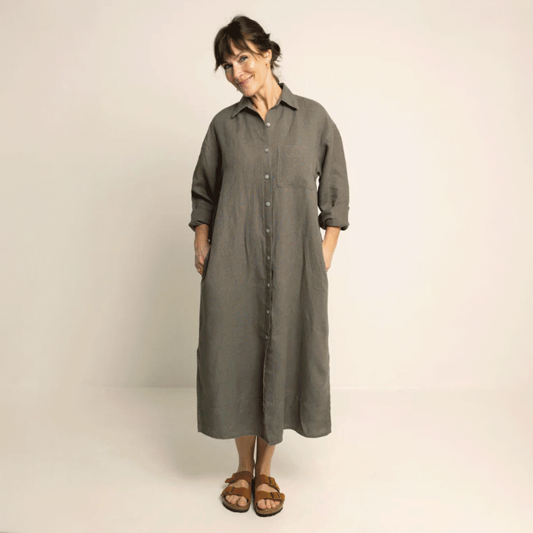 Model wearing a stylish Big Shirt Paper Pattern dress with a relaxed silhouette and button-up front.