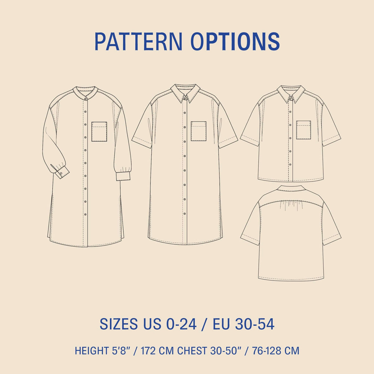 Big Shirt Paper Pattern showing various shirt and shirt dress designs, available in women's sizes US 0-24, EU 30-54.
