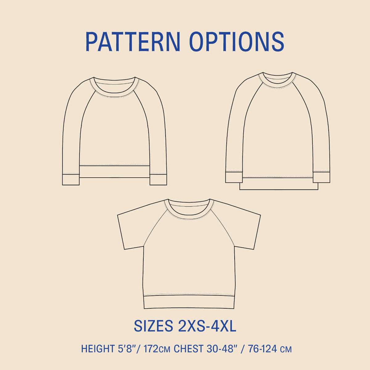 Outline of three shirts with pattern options and size information on a beige background