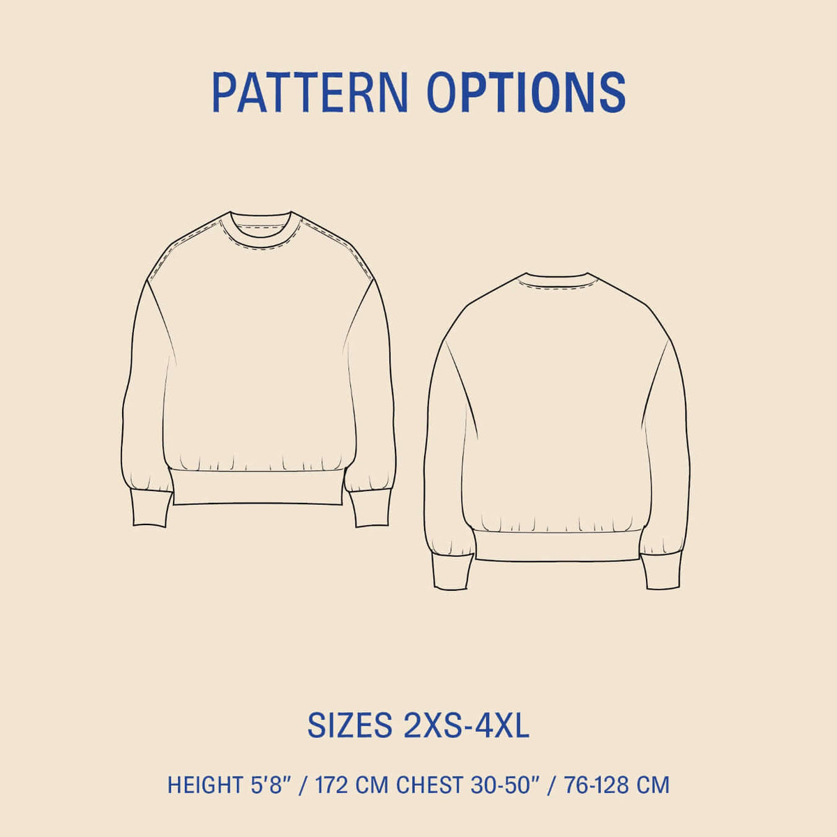Boyfriend Sweater Paper Pattern front and back views with size options 2XS-4XL, showcasing a cozy oversized design.