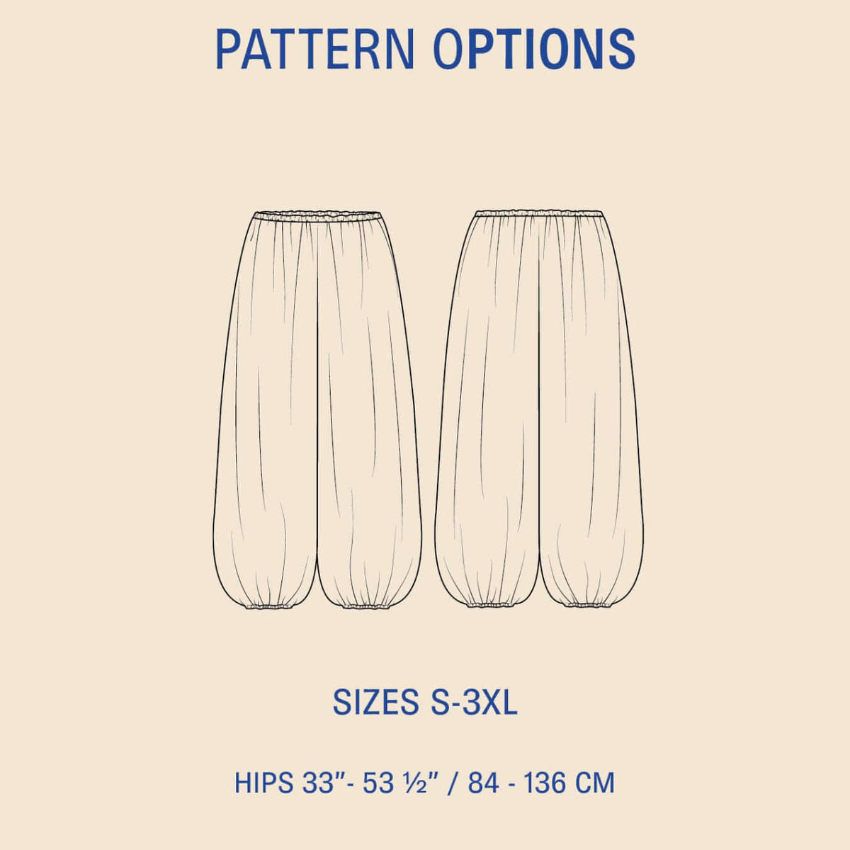 Bubble Pants sewing pattern illustration showing two design options, sizes S–3XL, featuring voluminous leg silhouette.