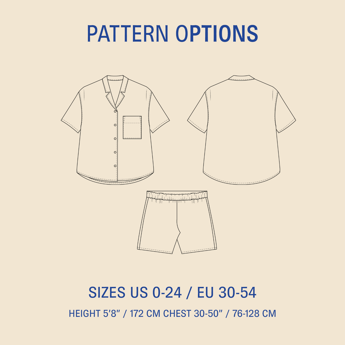 Camp Shirt and shorts Paper Pattern showing shirt and shorts design with size options US 0-24 / EU 30-54