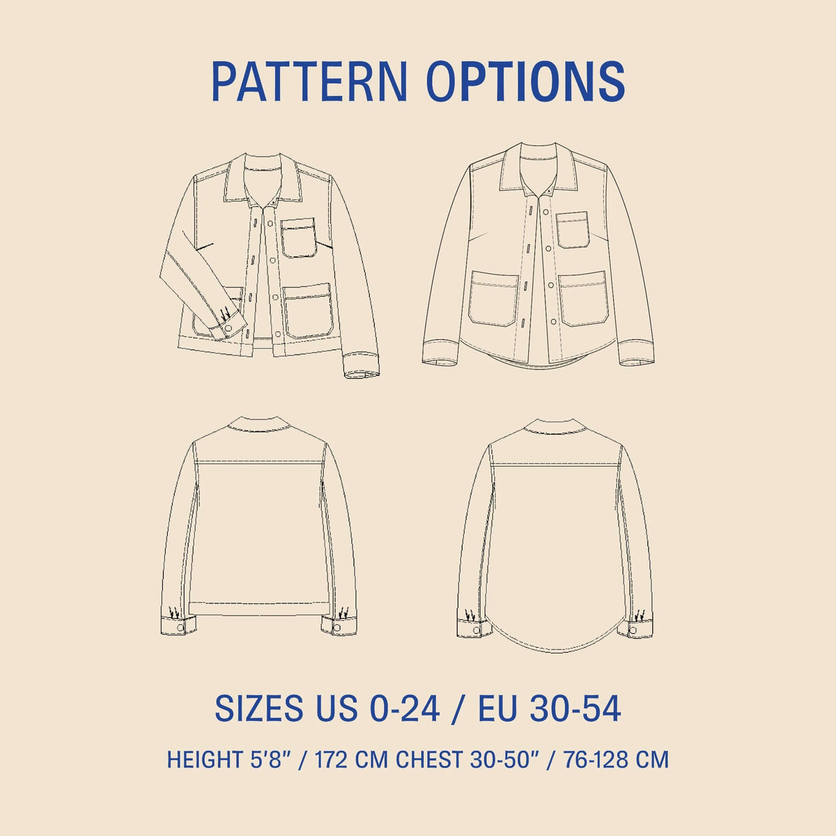 Canvas Jacket Paper Pattern with various design options and size details for women, including sleeves and pocket styles.