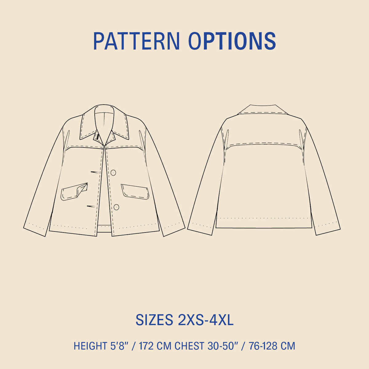 Car Coat Sewing Pattern options showcasing front and back views, available in sizes 2XS to 4XL.