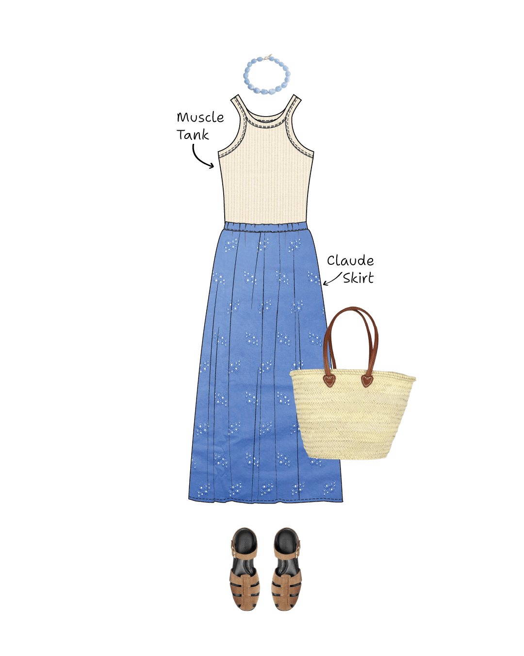 Illustration of muscle tank sewing pattern, Claude skirt sewing pattern, sandals, and straw bag on a white background.
