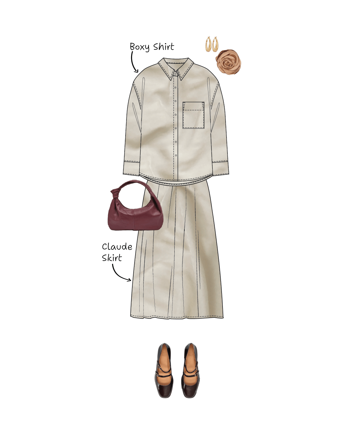 Illustrated outfit with beige boxy shirt sewing pattern, beige Claude skirt sewing pattern, maroon handbag, and brown shoes on a white background.