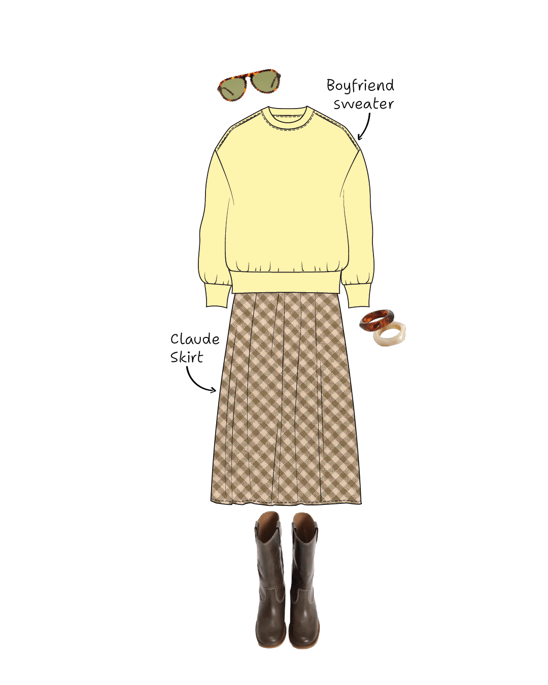 Illustrated outfit with a yellow boyfriend sweater sewing pattern, Claude skirt sewing pattern, brown boots, and sunglasses on a white background.