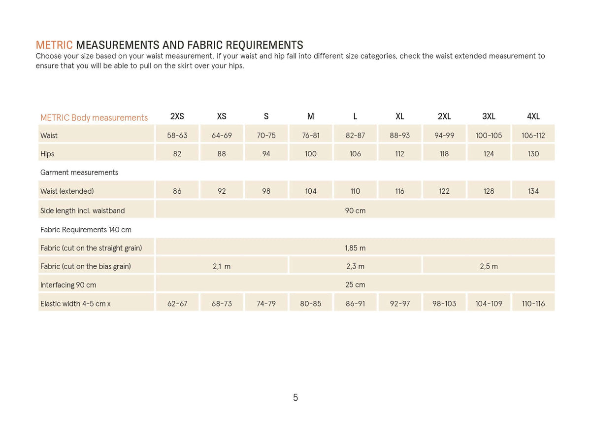 Claude_skirt_Metric_measurement chart showing body, garment and fabric requirements