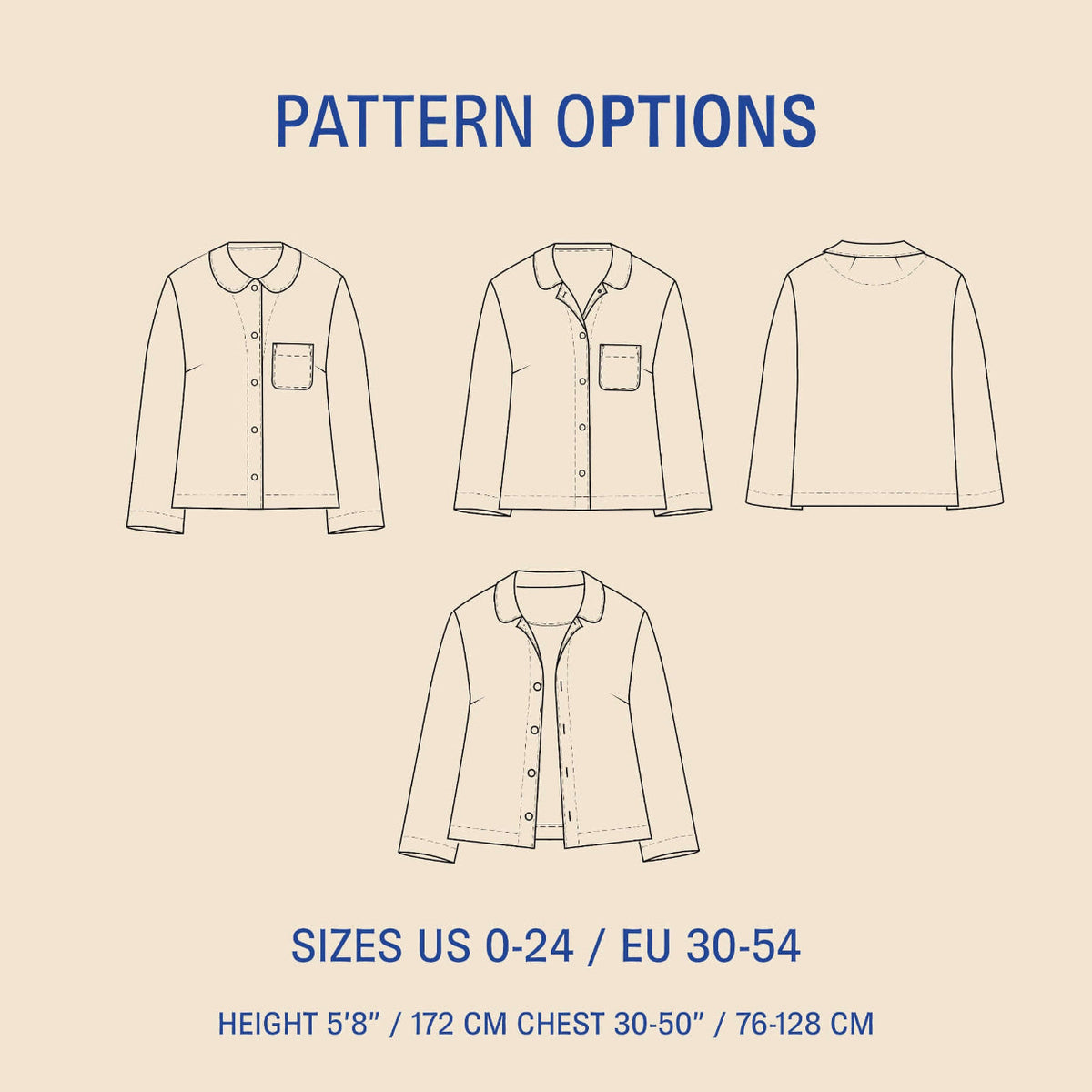 Dukke Blouse sewing pattern options for sizes US 0-24 and EU 30-54, featuring flat collar and pocket design.