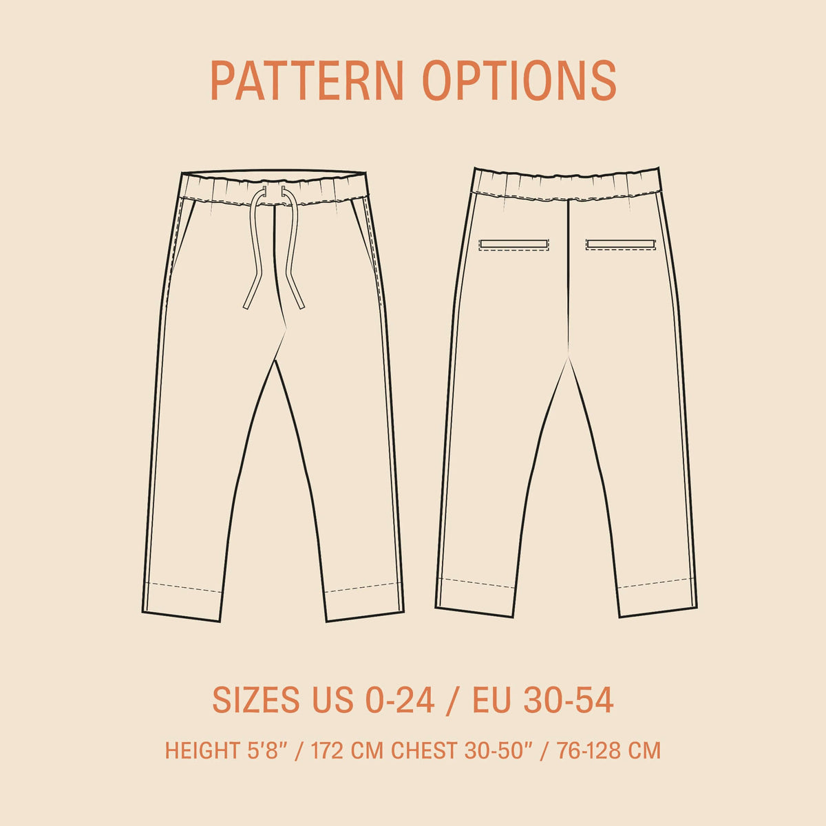 Easy Pants Paper Pattern design showcasing front and back view with size options for women.