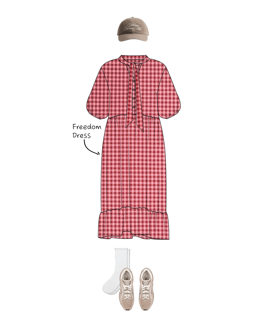 Red checkered Freedom dress sewing pattern with beige sneakers, white socks, and a cap on a white background.