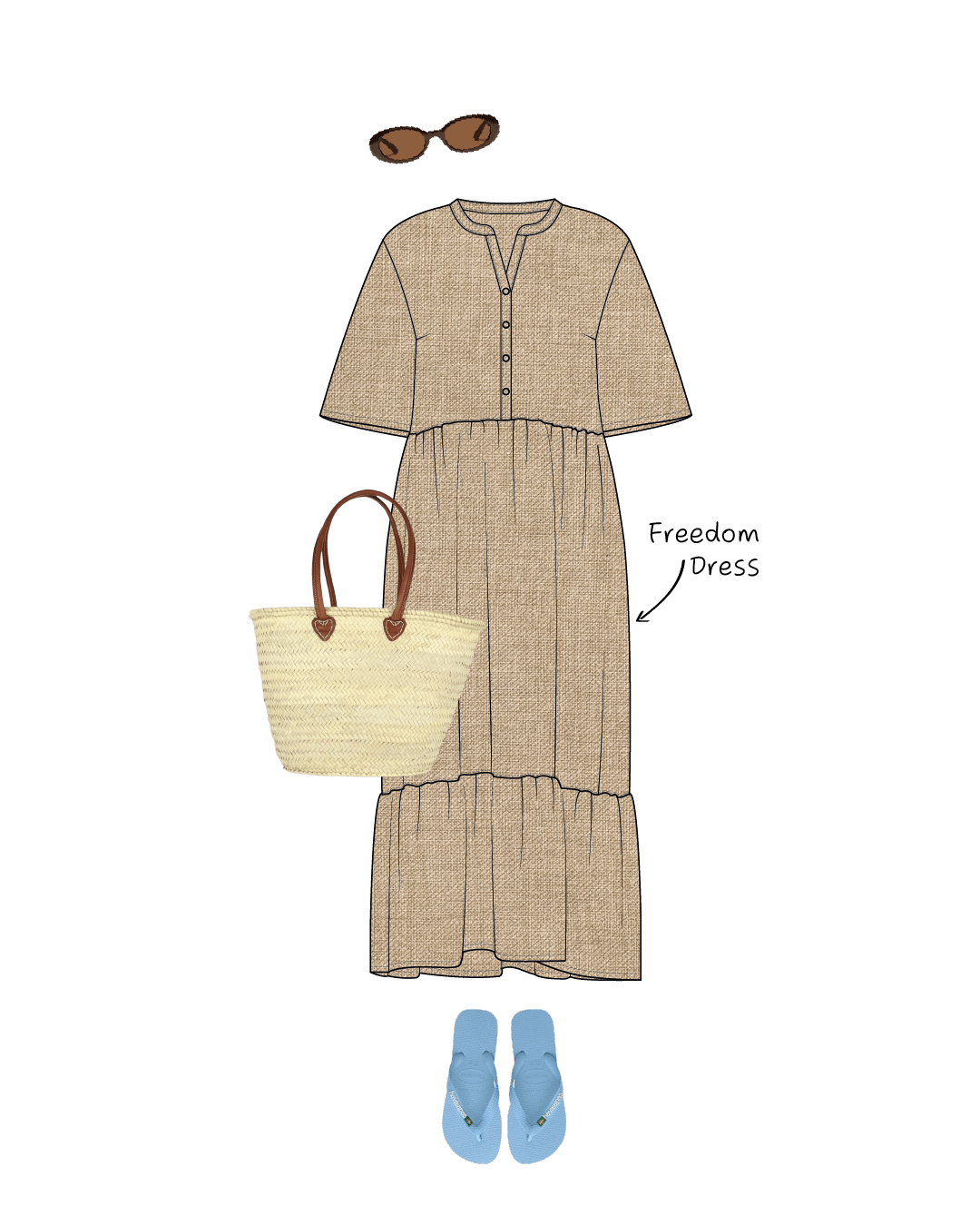 Illustration of a beige  Freedom dress sewing pattern with accessories on a white background