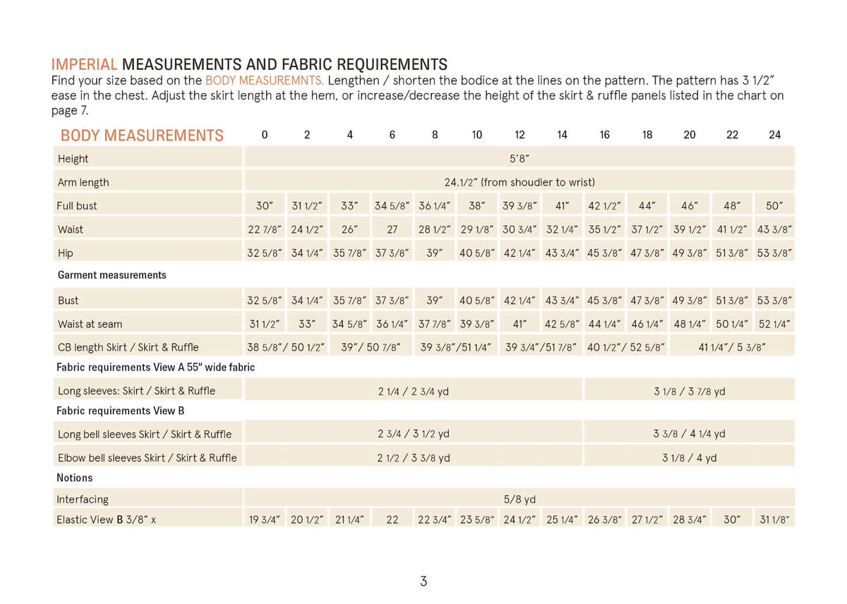 Freedom_Dress_sewing_pattern_imperial_measurement chart