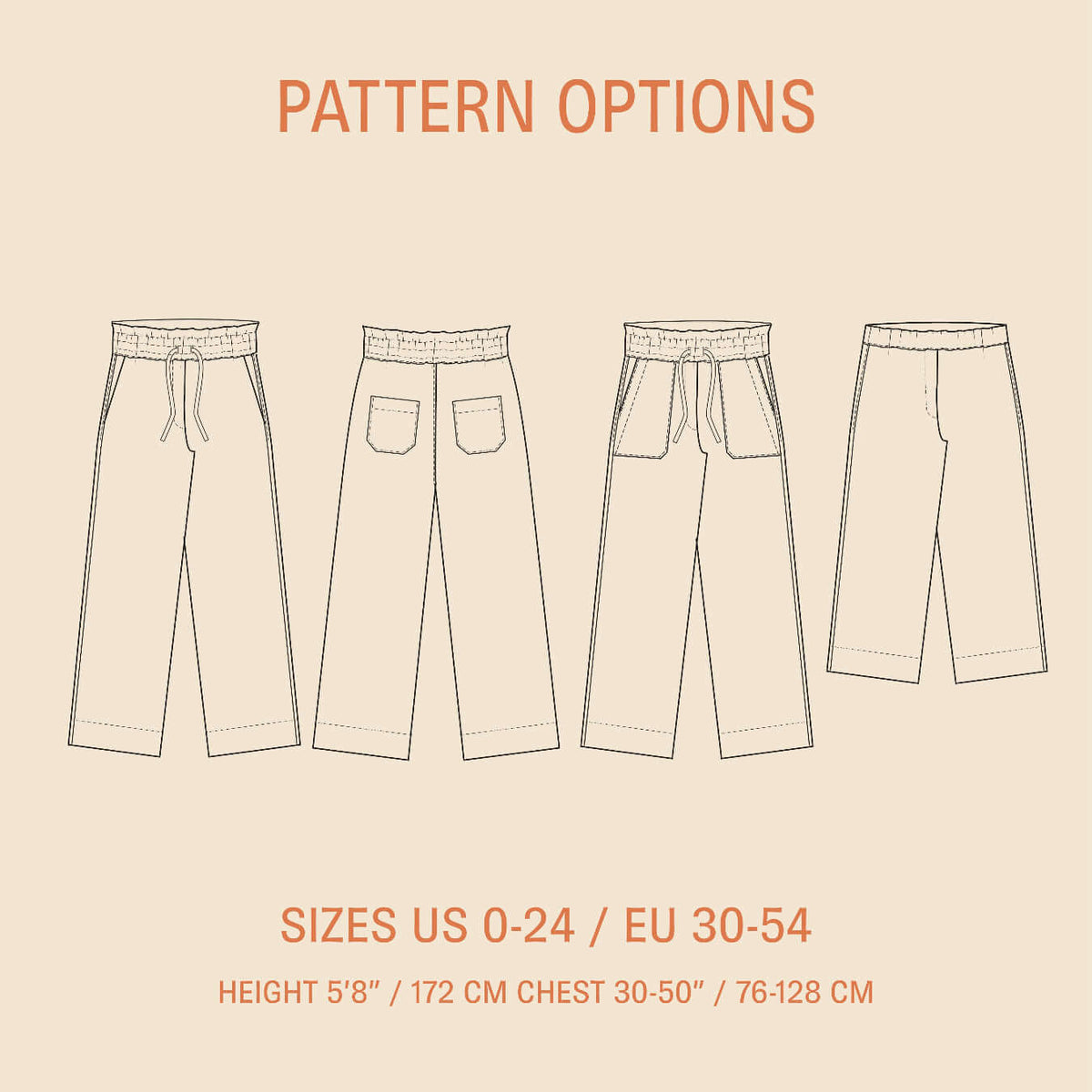 Line drawings of pants with pattern options on a beige background