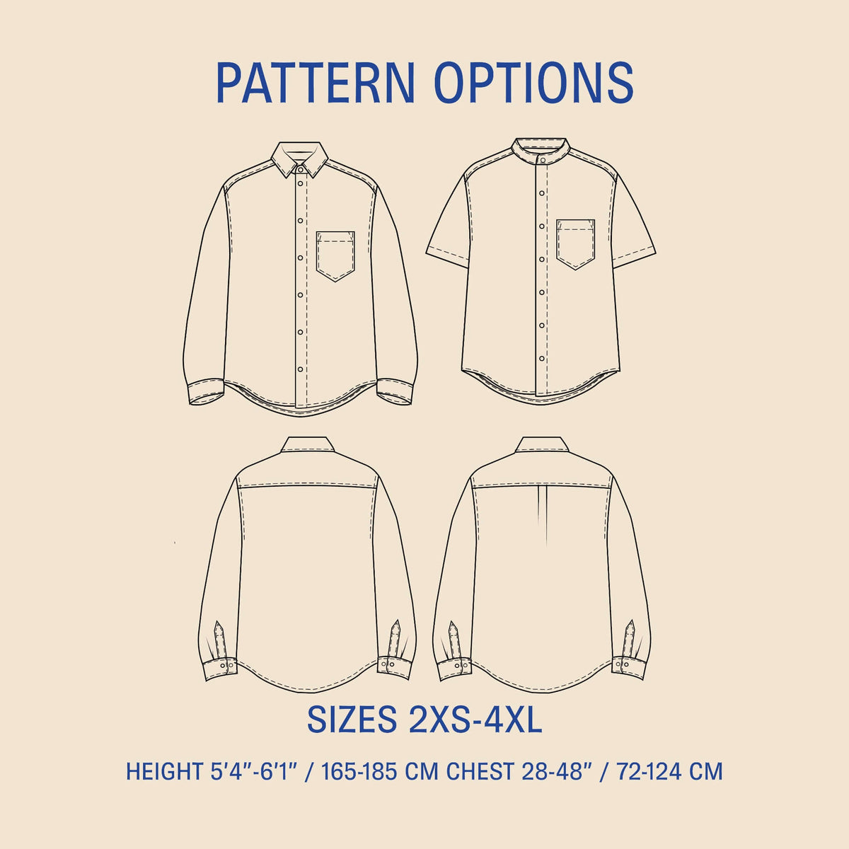 Jensen shirt Paper Pattern image showing front and back design options and size details 2XS-4XL.