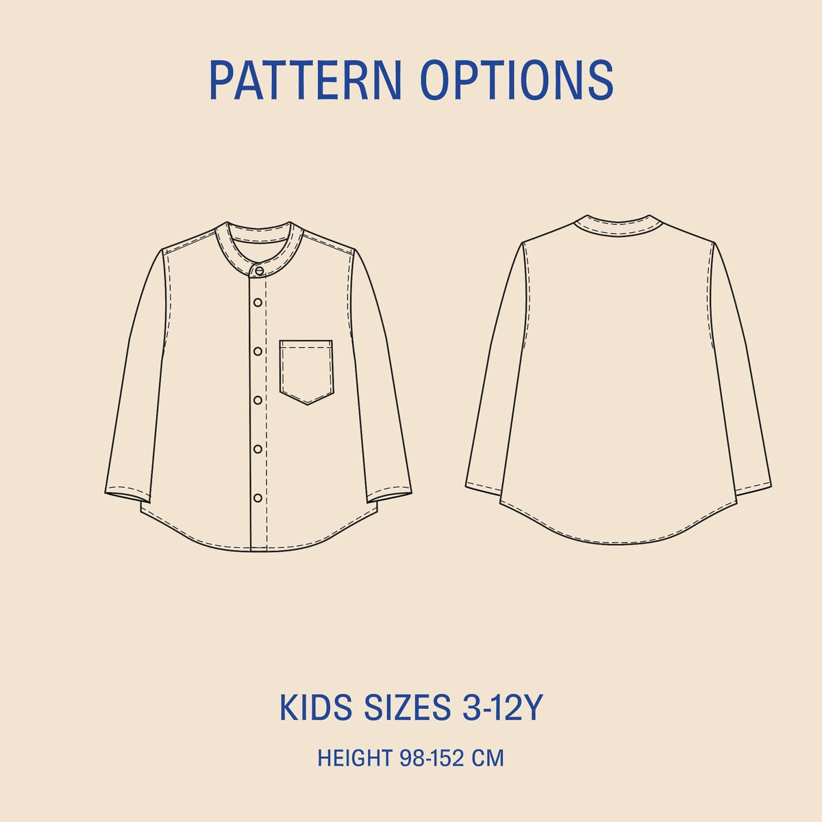 Mini Jensen Shirt Sewing Pattern for kids, featuring button-up design and sizes ranging from 3-12Y.
