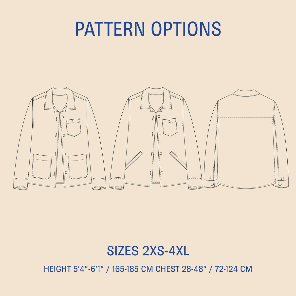 Overshirt sewing pattern illustration showcasing various sizes 2XS-4XL options with measurements.