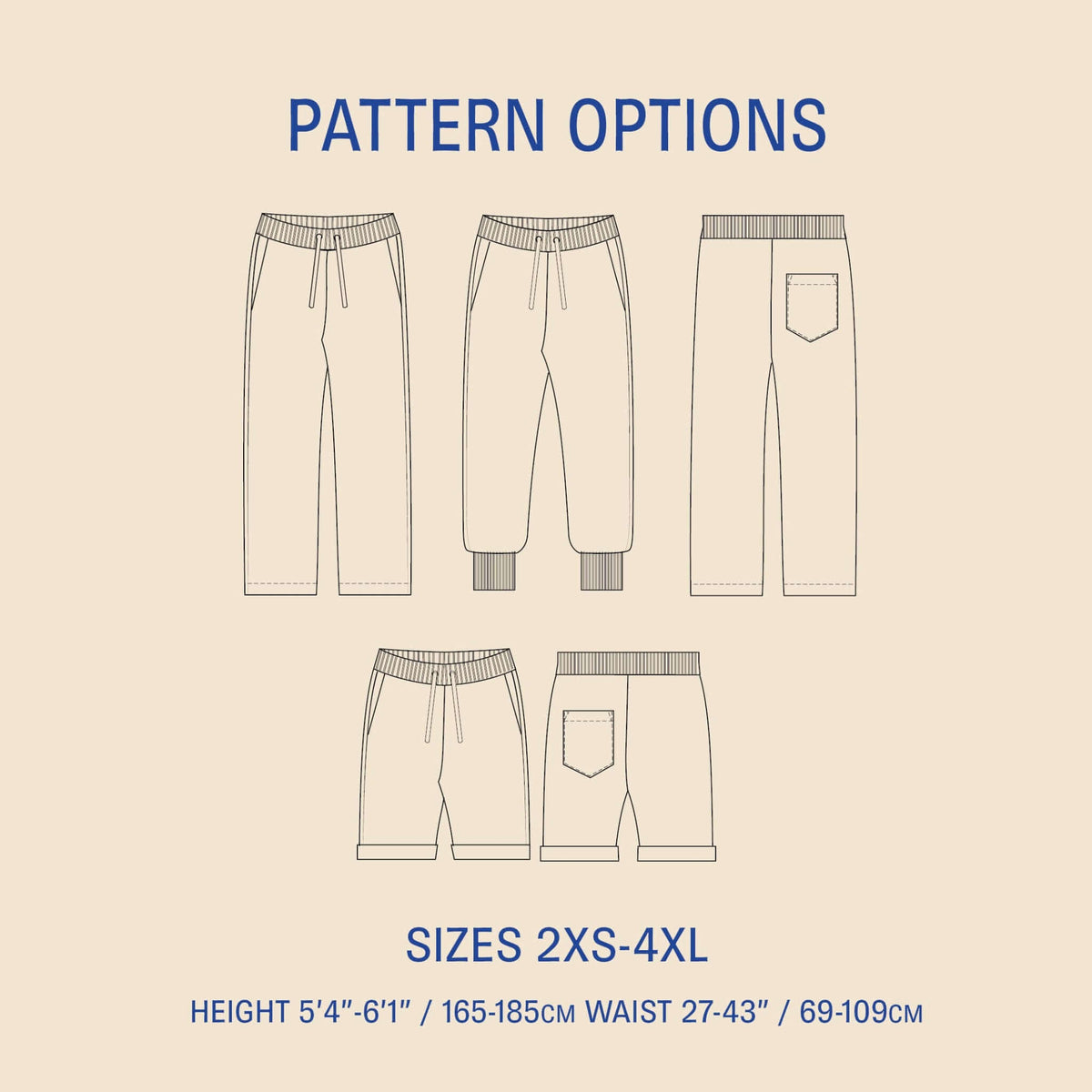Rebel Sweatpants Paper pattern size options illustration showing styles available in sizes 2XS-4XL.