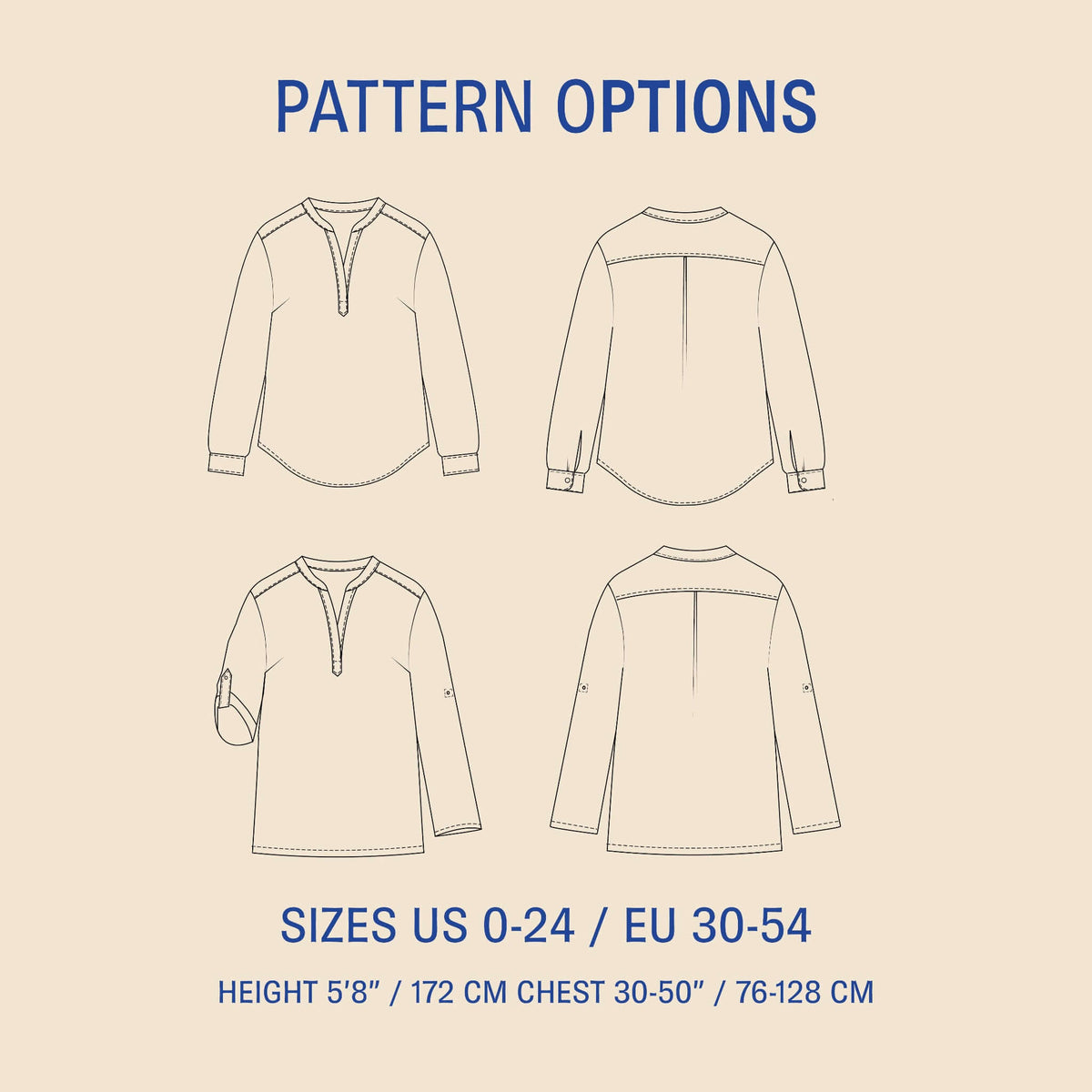 Perfect Tunic Paper Pattern design showing pattern options and sizes for women, US 0-24 and EU 30-54.