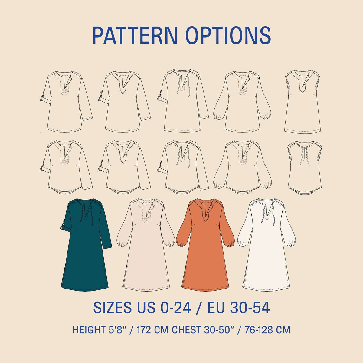 Piper Tunic Sewing Pattern options, showcasing various styles and sizes 0-24, with height and chest measurements included.