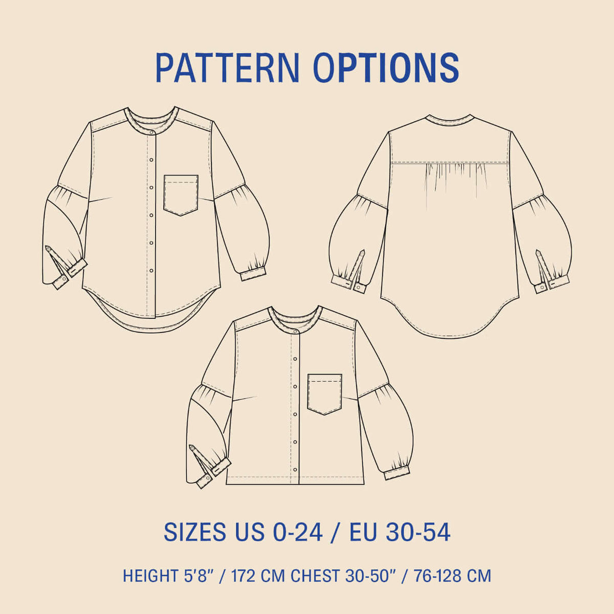 Puff Shirt Paper Pattern design showcasing different styles and sizes for women, features elegant gathering details.