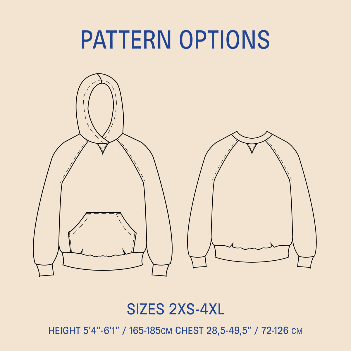 Rebel Hoodie paper pattern sizes 2XS-4XL, featuring hooded and non-hooded options with style variations.