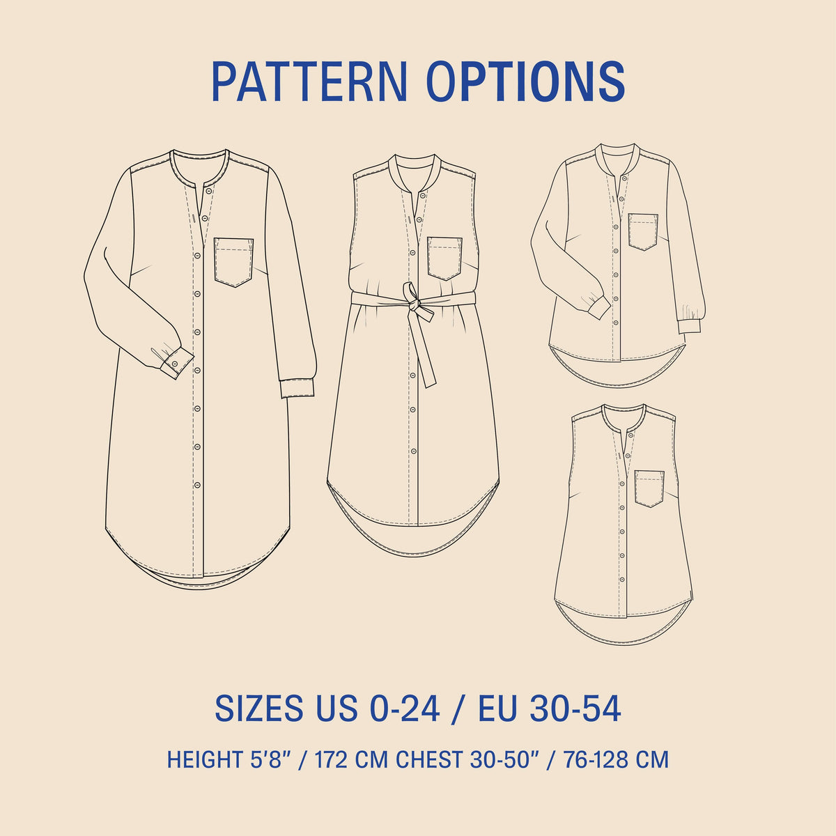 Pattern options for Savannah shirt Paper Pattern in sizes US 0-24 / EU 30-54, showcasing versatile shirt styles.