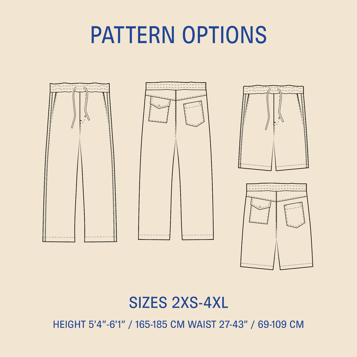 Summer pants paper pattern options showcasing sizes 2XS-4XL with details on height and waist measurements.