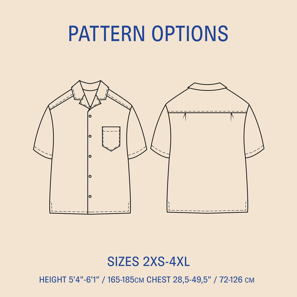 Tropical shirt paper pattern options sizes 2XS-4XL with detailed shirt design front and back views.