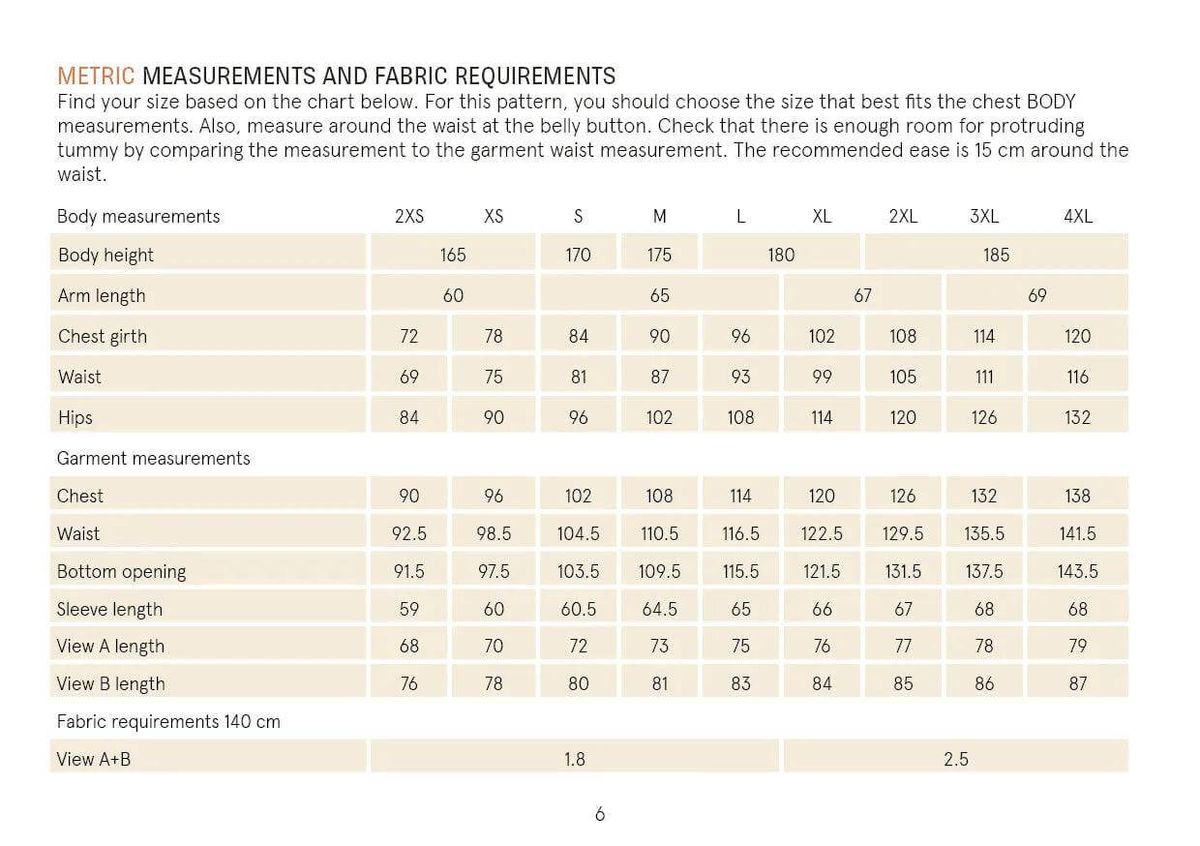 Men's Tunic paper pattern size chart with measurements and fabric requirements for tunic sewing.