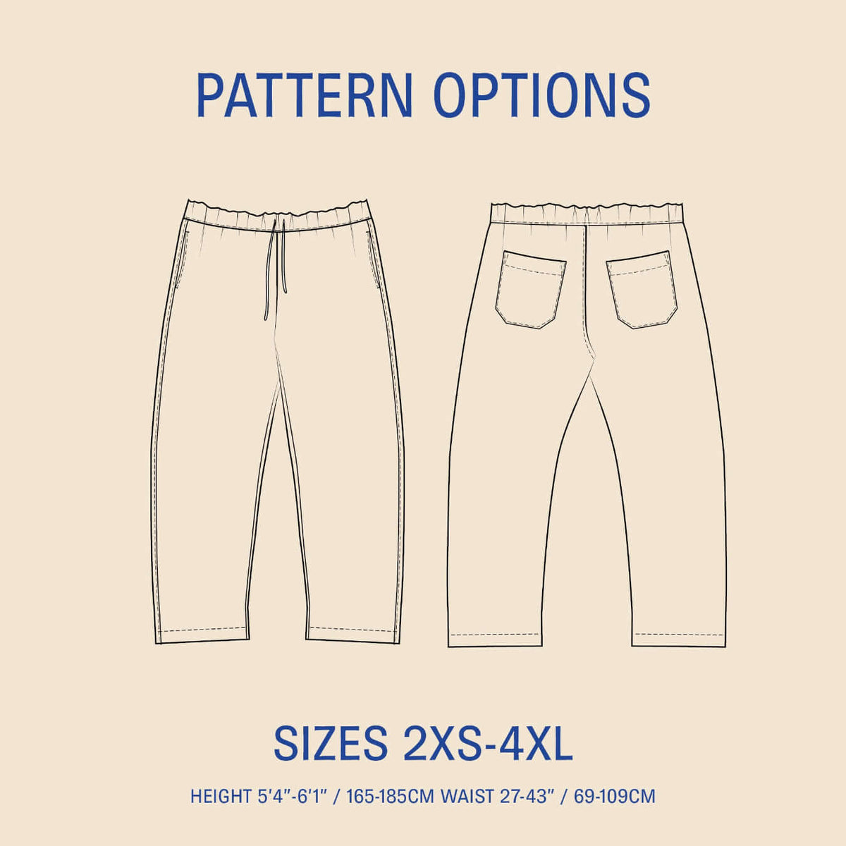 Volume Pants Sewing Pattern illustration showing front and back views, available in sizes 2XS-4XL.