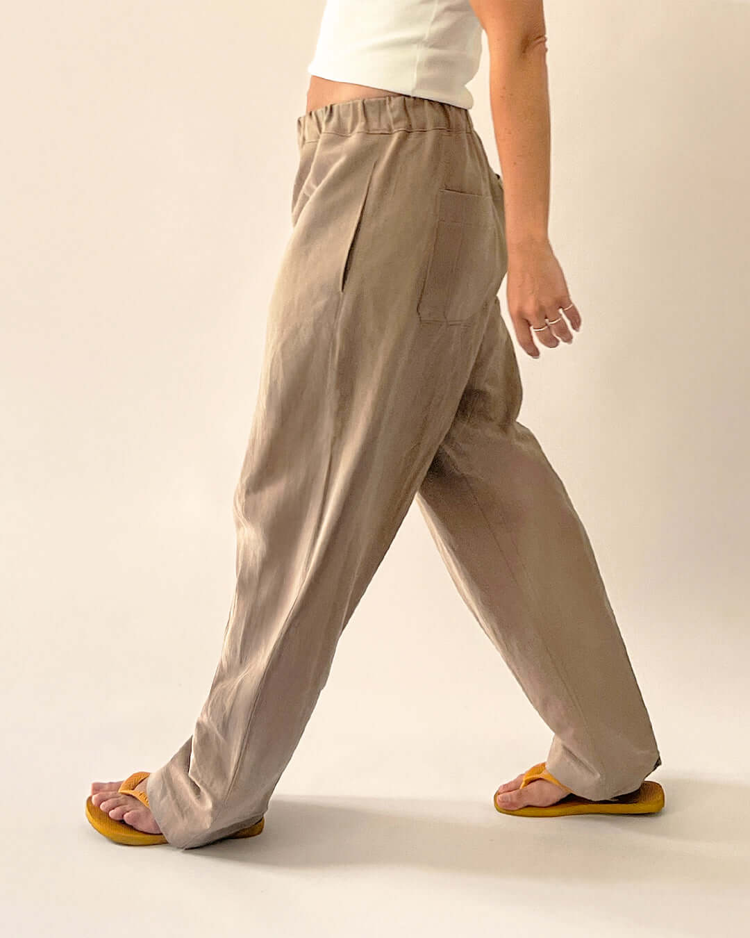 Person wearing Volume Pants Sewing Pattern, showcasing the comfortable fit and barrel leg shape.
