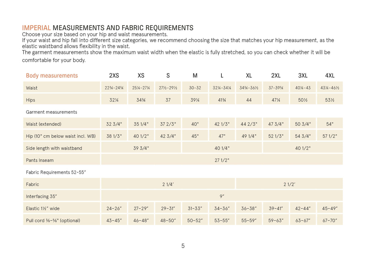 Imperial measurements and fabric requirements for Volume Pants Sewing Pattern, detailing sizes, waist, and hip info.
