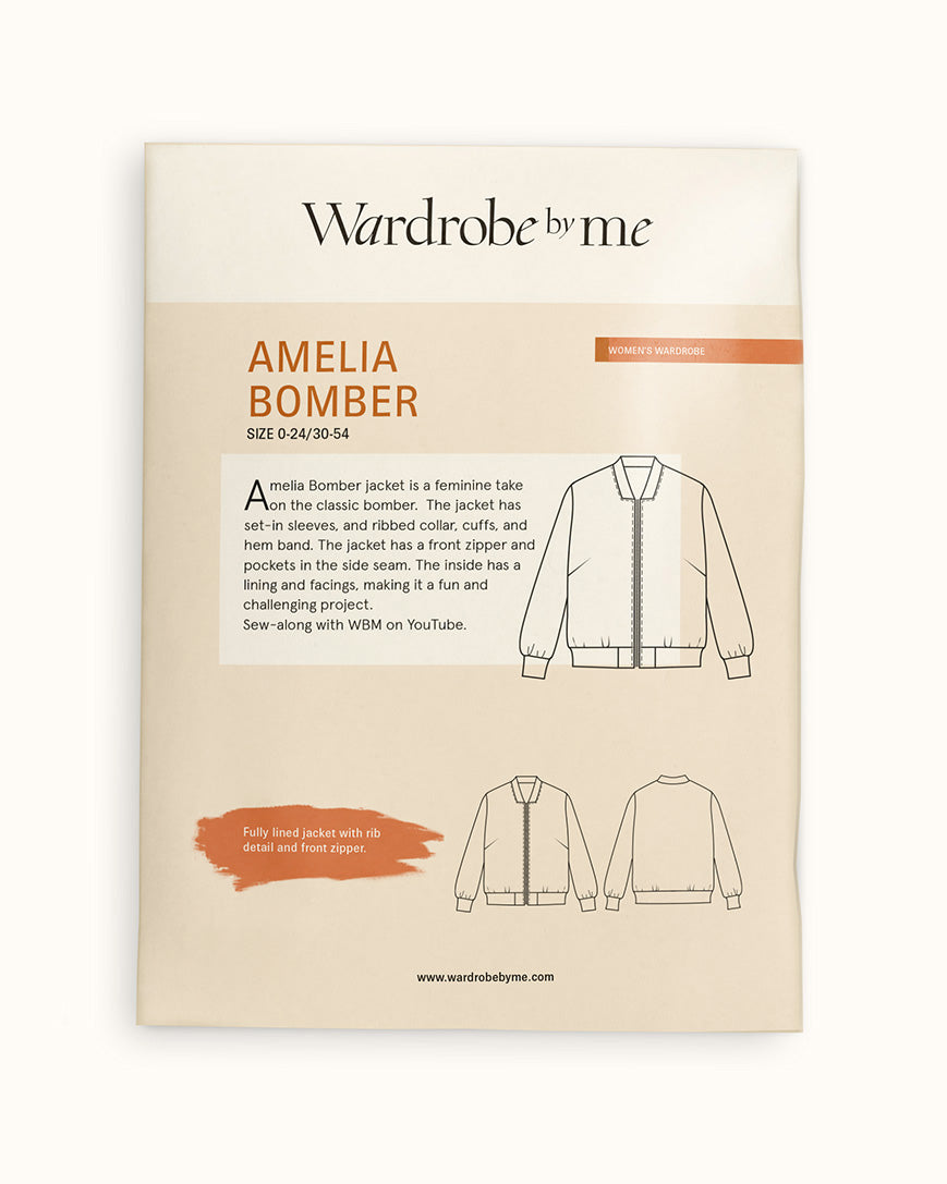 Bomber Jacket Paper Pattern featuring Amelia Bomber design, sewing instructions, and illustrations for women's sizes.