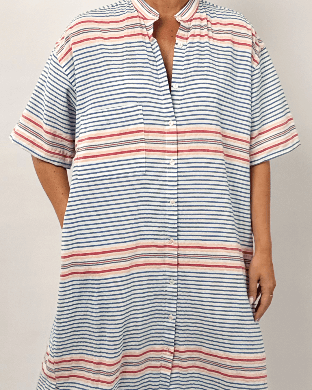 Big Shirt Paper Pattern in striped fabric, showcasing an oversized silhouette with a classic collar and button-down style.
