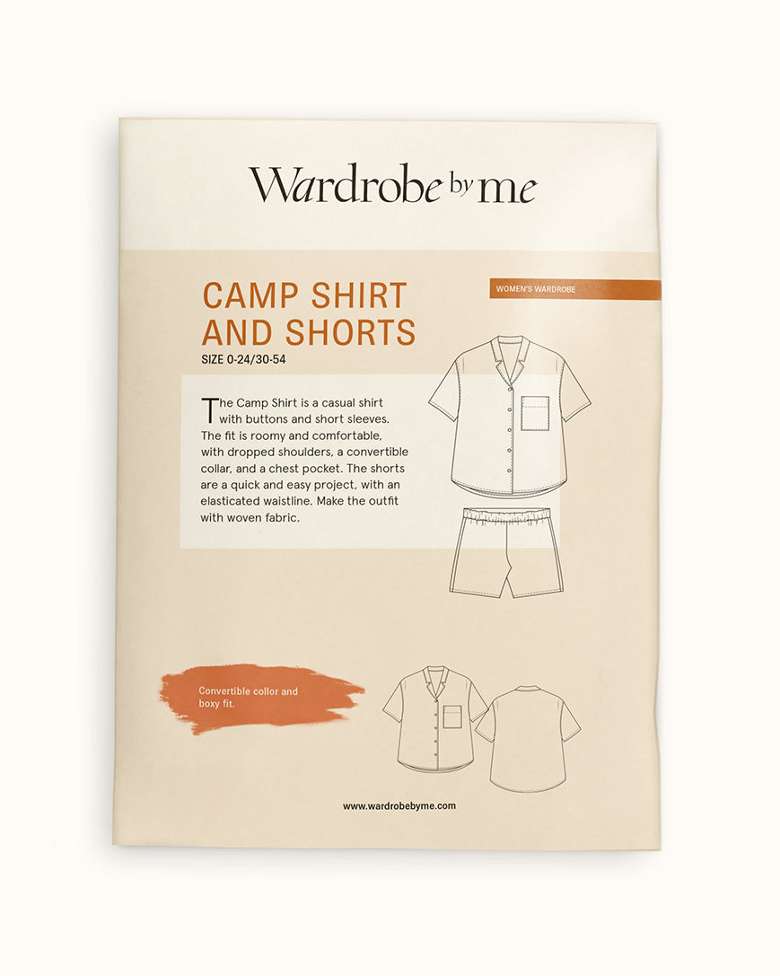 Camp Shirt and shorts Paper Pattern displayed on packaging, featuring shirt and shorts design instructions.