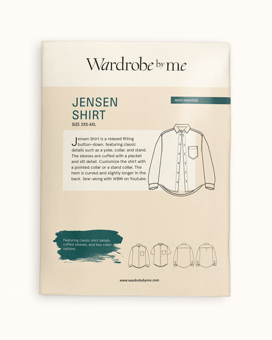 Jensen shirt Paper Pattern sewing pattern featuring button-down details and style options for men's sizes 2XS-4XL.