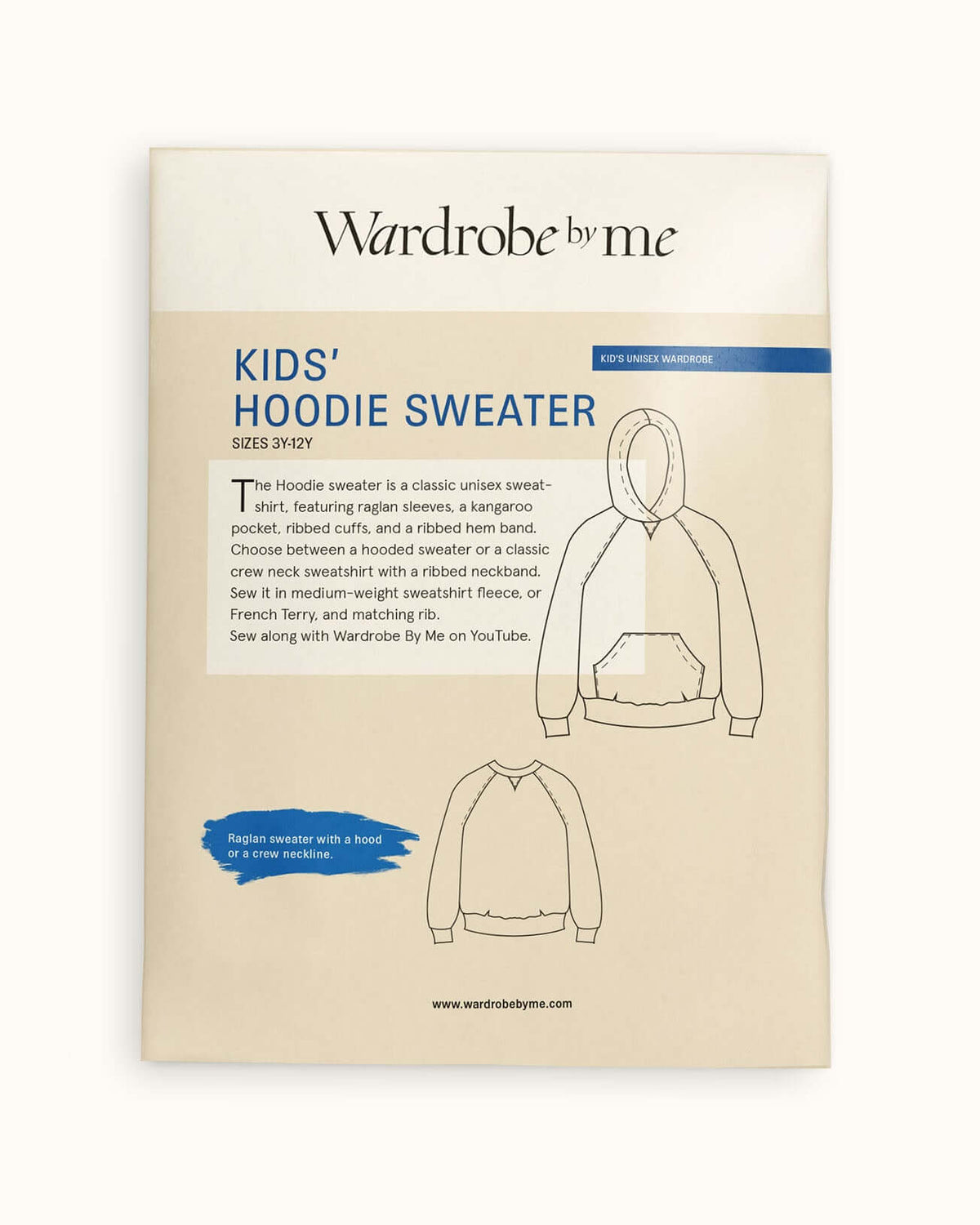 Hoodie sweater sewing pattern for kids featuring raglan sleeves and kangaroo pocket, designed for sizes 3-12.