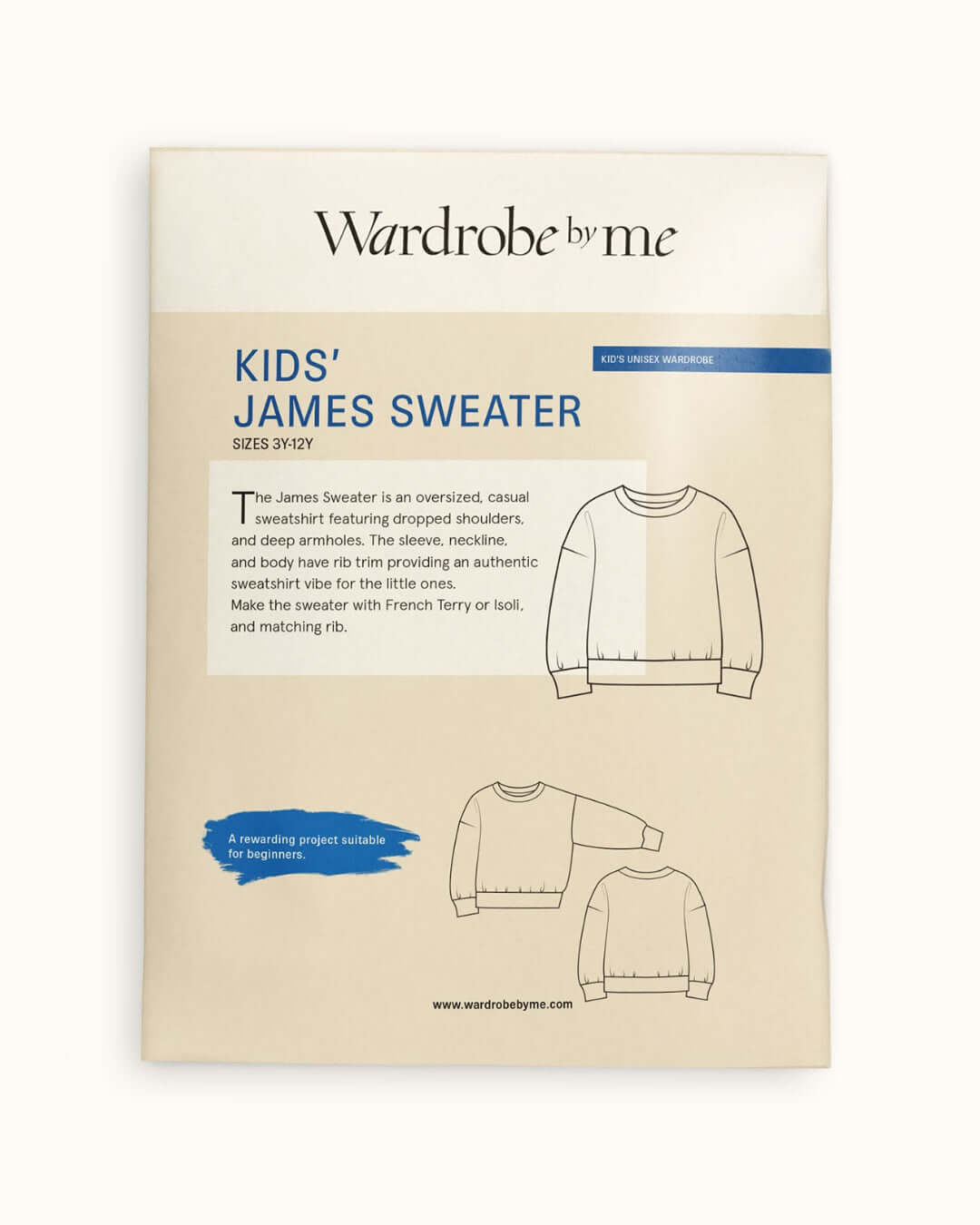 Product packaging for a kids' James Sweater by Wardrobe by me on a beige background.