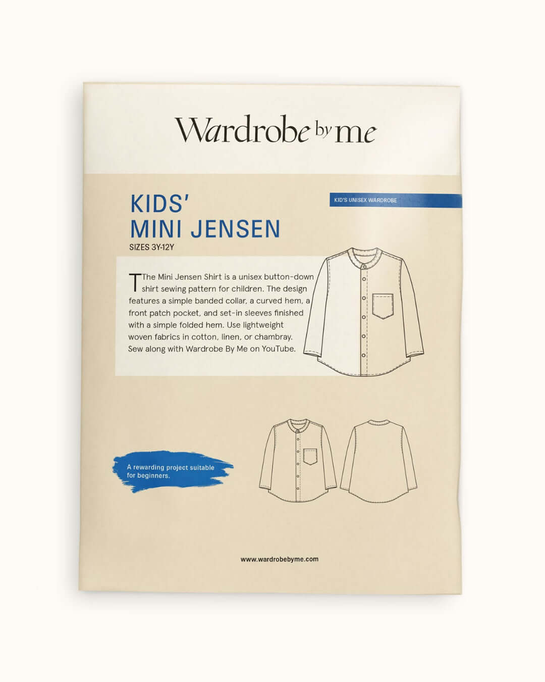 Wardrobe by Me Kids' Mini Jensen shirt pattern packaging with text and illustrations.