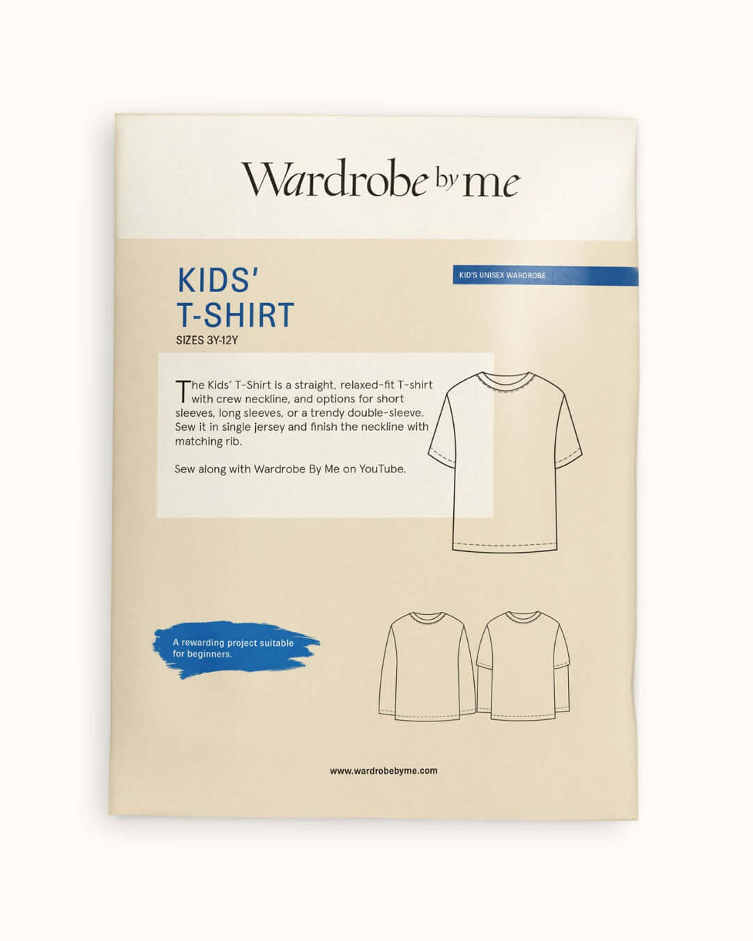 Wardrobe by Me kids' t-shirt sewing pattern packaging on a beige background