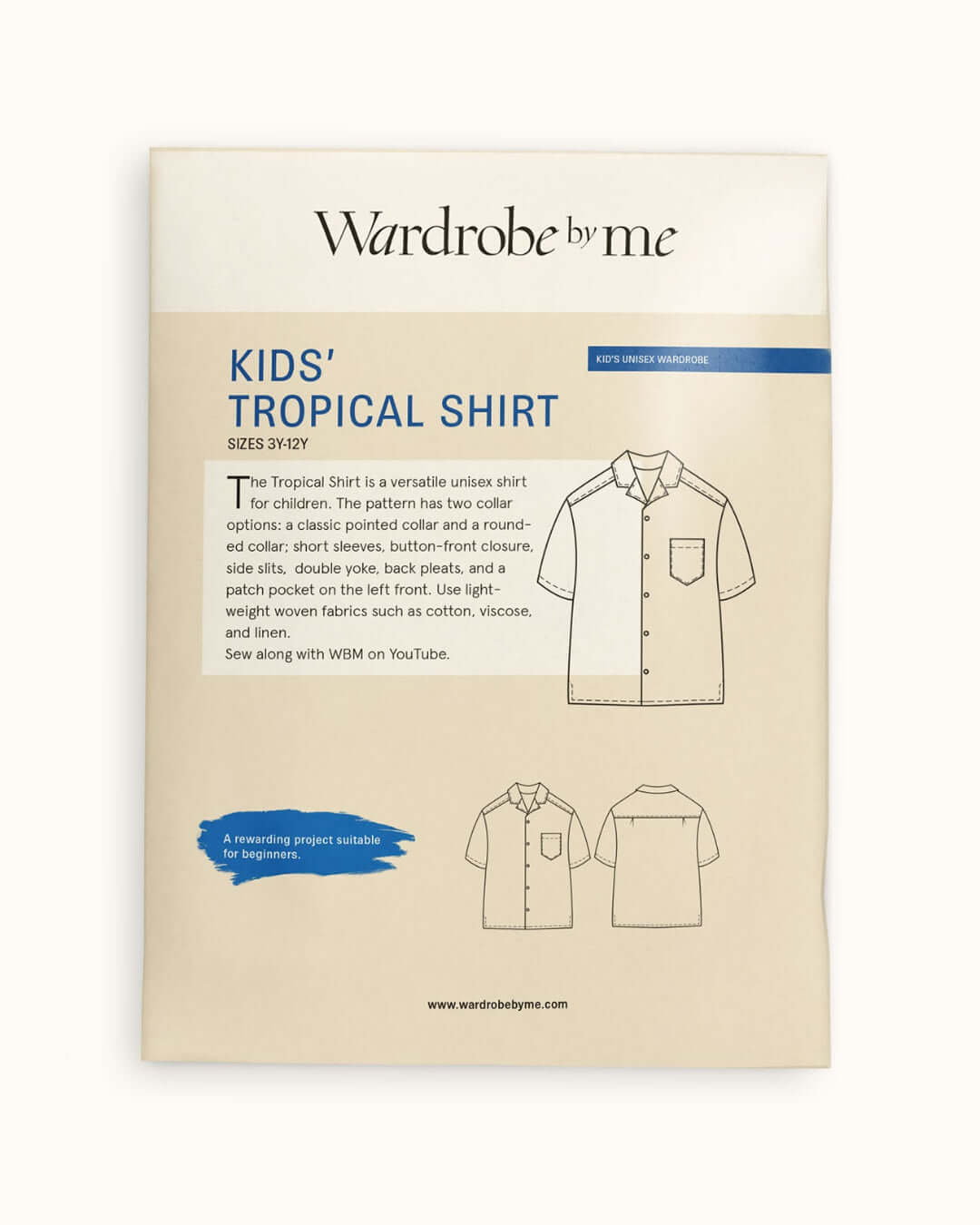Package of 'Wardrobe by me' kids' tropical shirt sewing pattern on a beige background