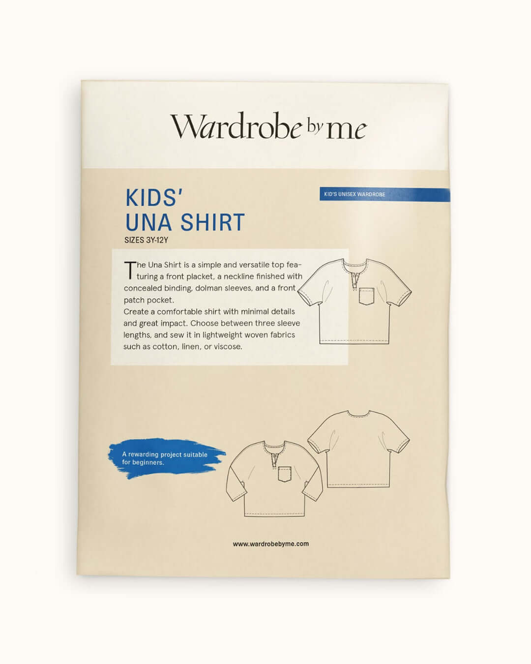 Wardrobe by me kids' una shirt sewing pattern packaging on a beige background